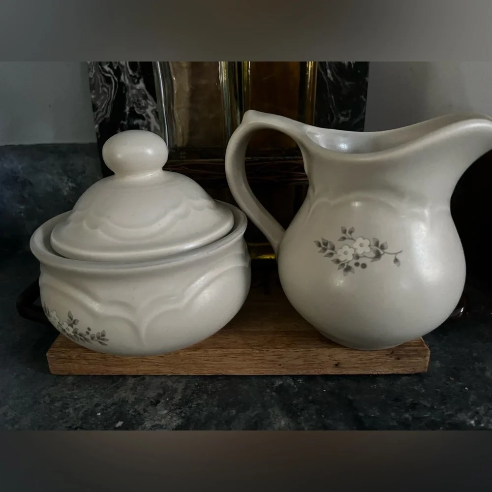 Vintage Pfaltzgraff Cream White Floral Ceramic Creamer and Sugar Set